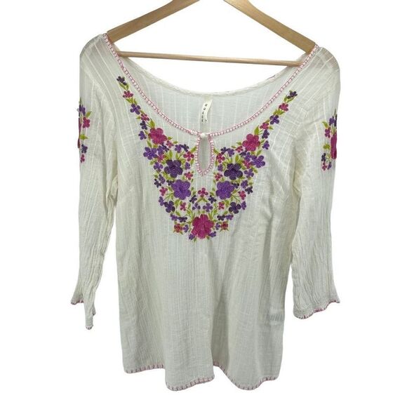 Roper Womens Blouse Top Embroidered 100% Cotton White Purple Medium - Picture 1 of 13